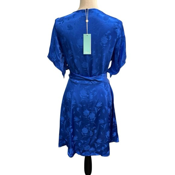 Shore Wrap Mini Dress Womens M Blue Satin Embossed Floral Y2K Vacation Resort - Picture 3 of 13